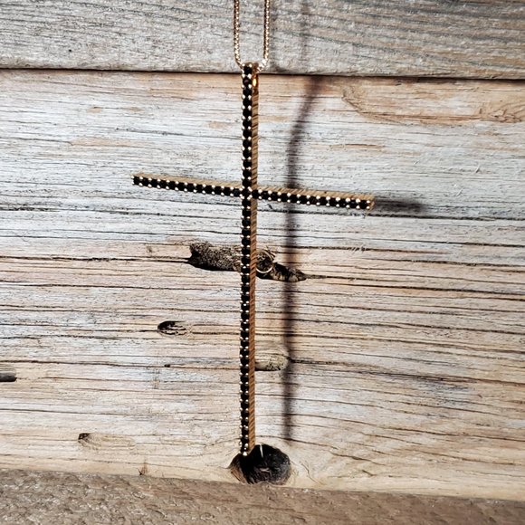 AAA Black Zircon & Gold Cross Necklace.   3" Across - Picture 11 of 11